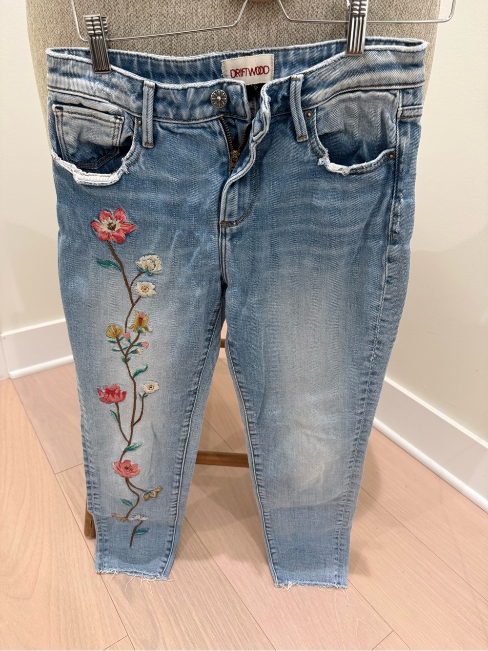 DRIFTWOOD Light Wash Skinny Jeans with Floral Embroidery